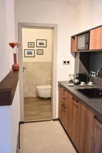 班斯科Marand Villas的带水槽的厨房和带卫生间的浴室