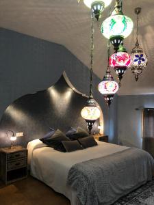 达罗卡Hospedería Casa Martell的一间卧室配有一张带吊灯的大床
