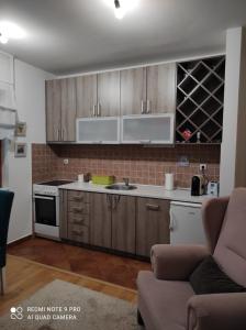 鲍希茨Mio Lux的一个带木制橱柜的厨房和一个沙发