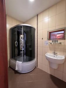 MogilnoNoclegi-Restauracja Boss的带淋浴和盥洗盆的浴室