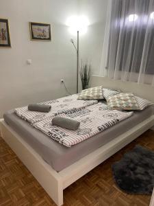 卡特兹奥布萨维Hiška Orel Terme Čatež的卧室内的一张带枕头的床