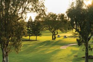 瓦克拉帕尼欧罗园林度假酒店的享有树木林立的高尔夫球场和绿色美景。
