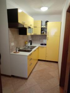DekaniV klancu的厨房配有黄色橱柜、水槽和冰箱。