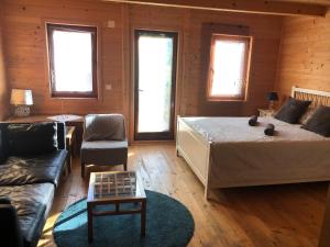 东吉托伊Charming wooden house in Ada Bojana的一间卧室设有一张床和一间客厅。