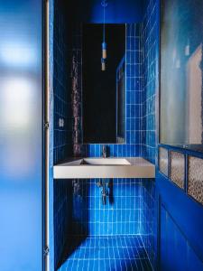 奥洛特Fàbrica Descals and Pavillion的蓝色瓷砖浴室设有水槽和镜子