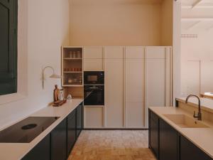 奥洛特Fàbrica Descals and Pavillion的厨房配有白色橱柜和黑色家电