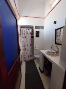 萨菲里亚德乐奇法尔酒店的一间带卫生间和淋浴帘的浴室