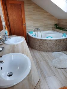 米库洛夫Apartmán Mikulov的浴室配有2个盥洗盆和1个浴缸。