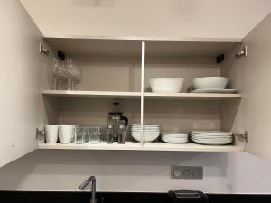 莫尔济讷CARLINA 105的一个带碗和碗碟的厨房架
