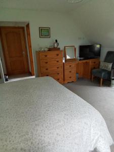 SpilsbyWhite Cottage B and B的一间卧室配有一张床、梳妆台和电视。