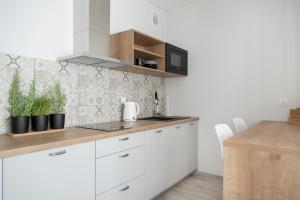 什切青Scandinavian的厨房配有白色橱柜和植物台面