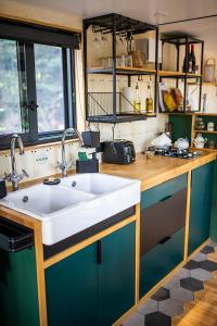 Saint-LaurentInspire Tiny的厨房配有白色水槽和蓝色橱柜