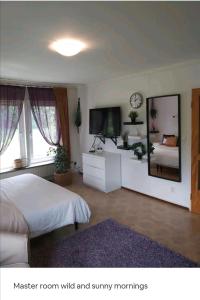 Cozy 4-bedroom villa free parking big garden ++的一间卧室配有一张床、一台电视和一面镜子