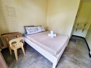曼巴豪Bahandi Beach Lodge的一间小卧室,配有一张床和一把椅子