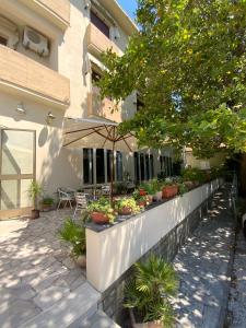 马里纳-迪-皮特拉桑塔Hotel Naviglio的带有盆栽植物和雨伞的挡墙