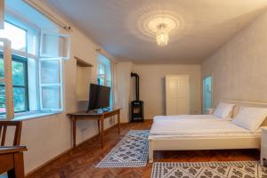 锡吉什瓦拉Casa La Strada的一间卧室设有一张床、一台电视和窗户。