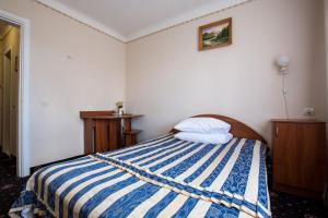切尔诺夫策布科维纳酒店的一间卧室配有一张带蓝白条纹毯子的床