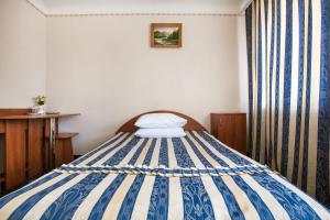 切尔诺夫策布科维纳酒店的一间小卧室,配有蓝色和白色的床