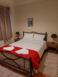 奥吉欧司吉玛洛斯Traditional Guesthouse Vrigiis的一间卧室配有一张大床和两条毛巾