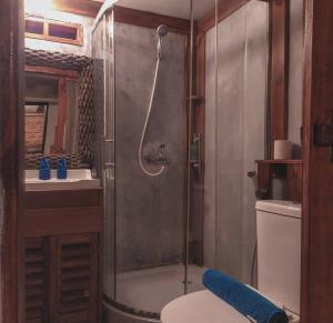 日惹VILLA OPA DOEL YOGYAKARTA的带淋浴、卫生间和盥洗盆的浴室