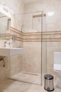 SurčinAirMi hotel的带淋浴、盥洗盆和卫生间的浴室