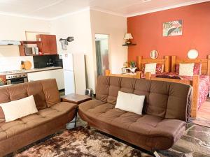 格拉斯科普哈瓦那之夜度假屋的一间带2张棕色沙发的客厅和一间厨房