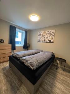 诺托登Notodden Sentrum Apartment NO 9的一间卧室设有两张床和窗户。