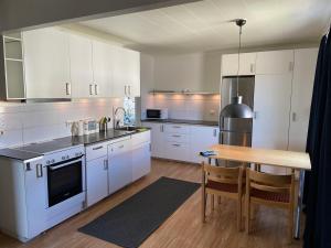 帕亚拉Hotel Lapland River的厨房配有白色橱柜和木桌