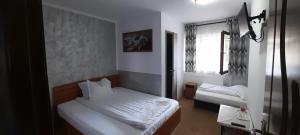 Statjunea BorsaPensiunea Mia的一间卧室设有两张床和窗户。