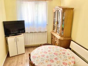 萨格勒布Mlinovi的客厅配有电视、桌子和电视机