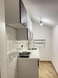 比哈奇Una Bihac 4的白色的厨房设有水槽和台面