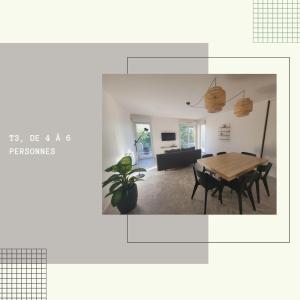 图卢兹Bel appartement contemporain proche des commodités的客厅配有木桌和椅子