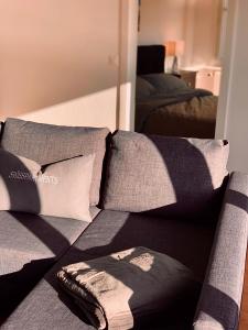 罗曼斯霍恩Apartment Romanshorn von Swisspartments的一张带枕头的沙发以及一张毯子