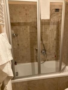 科瓦拉因巴迪亚RESIDENCE MIRAMONTI CORVARA的带淋浴的浴室和玻璃门