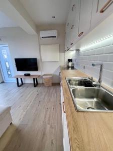 EpiskopianáCorfu Gaia View Studio的厨房配有不锈钢水槽和电视。