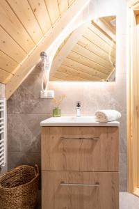 扎科帕内Highlander Heart Residence的一间带水槽和木制天花板的浴室