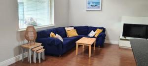 卡拉罗Carraroe Apartment 2的客厅配有蓝色的沙发和电视