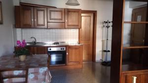 比萨多莫斯公寓的厨房配有木制橱柜和炉灶烤箱。