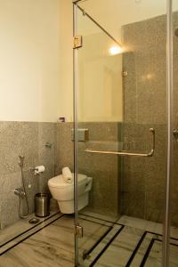 斋浦尔Dera Jaipur Homestay的一间带卫生间和玻璃淋浴间的浴室