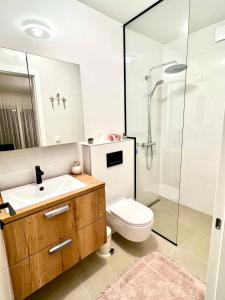 扎达尔ZADAR Panorama Sea View Apartments的一间带水槽、卫生间和淋浴的浴室