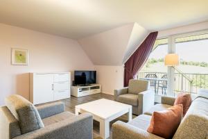 施莱登索尔兹伯格穆德弗里恩公园酒店的客厅配有沙发、椅子和电视