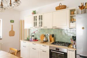 上维谢乌Generous family home的厨房配有白色橱柜和炉灶烤箱。