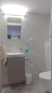 波兹南Noclegi Malta Poznań的白色的浴室设有水槽和卫生间。