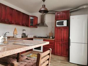拉拉古纳The Blue House的厨房配有红色橱柜和白色冰箱
