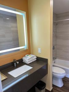 拉蓬特Industry Inn & Suites的一间带水槽、卫生间和镜子的浴室