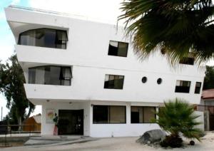 巴伊亚英格莱萨布兰科恩卡拉达酒店的一座白色的建筑,前面有棕榈树