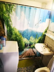 奥胡斯Midt Town Apartment Room的山景浴室设有淋浴帘