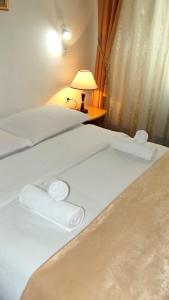 温科夫齐Hotel Slavonija的两张带白色床单和台灯的床