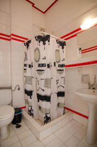 伊奥斯乔拉Almira Inn的一间带卫生间和淋浴帘的浴室