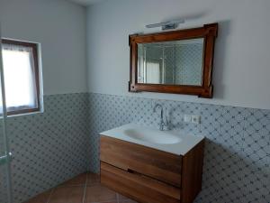 巴特奥塞Haus Erni的一间带水槽和镜子的浴室